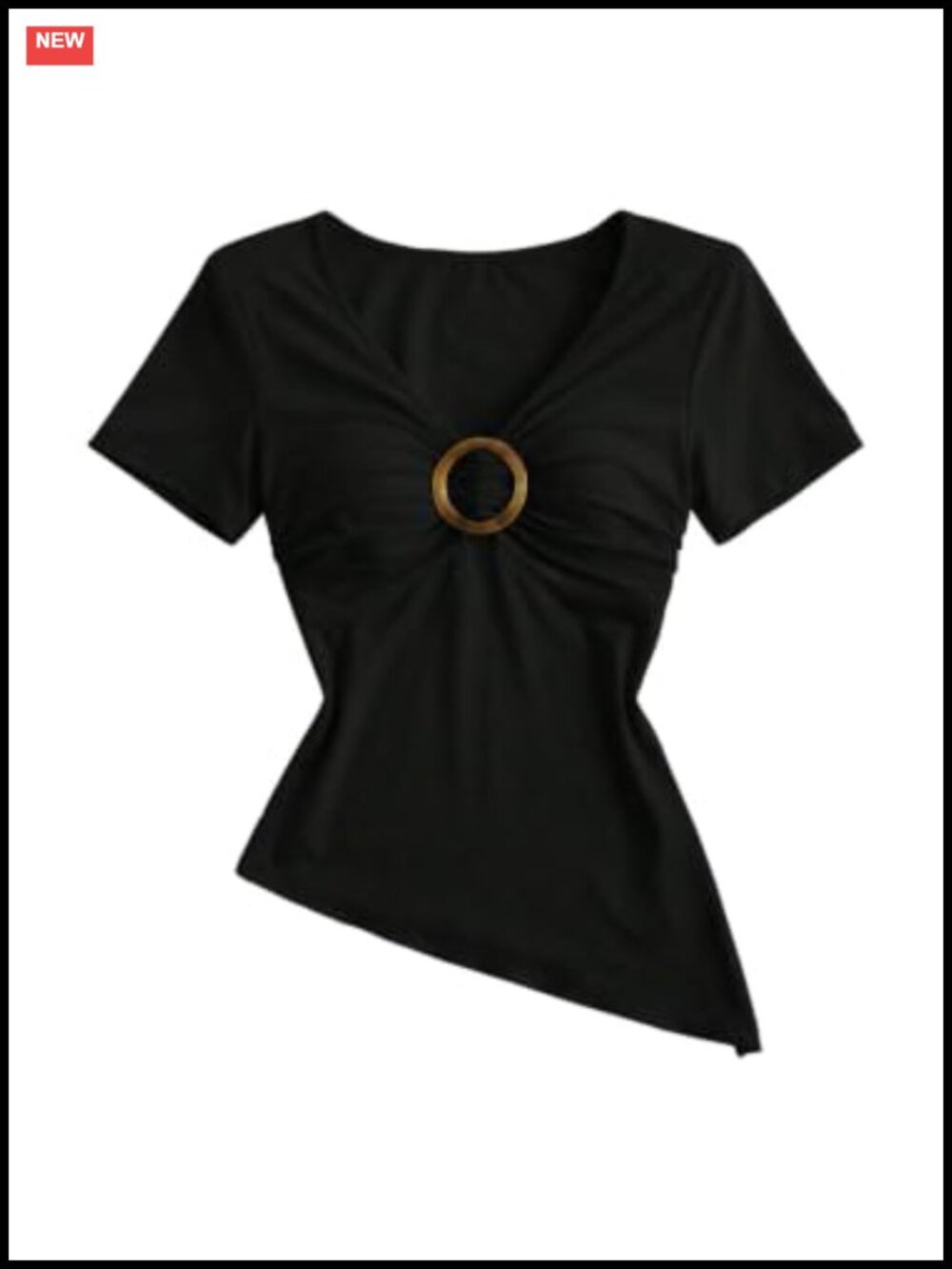 V Neck Asymmetrical Ruched Crop Top Slim Fit Short Sleeve T-Shirt
